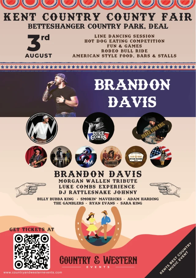 🤠 The Kent Country County Fair is coming to Betteshanger Park on Sunday 3rd August 2025 – and it’s set to be the biggest country event in Kent! 🇺🇸🎶

Brandon Davis, flying in from Tennessee and fresh off tour with Tim McGraw, will make his UK debut right here in our amphitheatre! 🎤🔥

Expect:
🎶 Live country music all day
💃 Line dancing sessions
🌮 Food, drink & indie stalls
🎠 Family-friendly fun & games

Spread the cost with PayPal’s 3-month option – tickets on sale now! 🎟️
https://www.skiddle.com/festivals/kent-country-county-fair/? 
Country & Western Events 

#KentCountryFair #BrandonDavisUK #CountryMusicUK #BetteshangerEvents #FamilyFun #CountryVibes