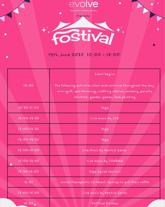What a day FOSTIVAL has planned for you! 🌟

Enjoy a jam-packed day of free activities—all available to drop into at any time (except yoga, which has set times). 🧘‍♀️🎯🌿

🎶 Live music from The Kentish Gents will keep the vibes high all day long!

Bring your friends, bring your energy—just don’t miss it.

👉 Let us know you’re coming: www.evolvegroupservices.co.uk/fostival

#dayoutkent #freeactivities #freedayout #freethingstodoinkent #kent #dealactivities #deal

@fostival_evolve FOSTival