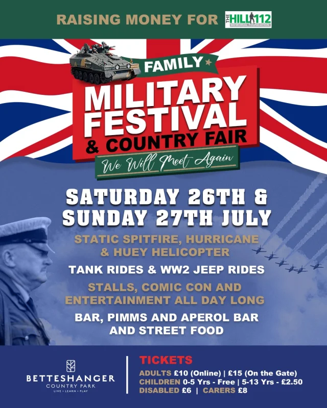 🎖️ We Will Meet Again
📅 26–27 July 2025
📍 A weekend of remembrance, celebration & family fun

Step into the past and celebrate the spirit of the 1940s through to the present day at our 5th annual We Will Meet Again event!

This year is extra special as we commemorate:
✈️ 80 years since VE & VJ Day
✈️ 85 years since the Battle of Britain
🛩️ With a static Spitfire & Hurricane on display in honour of our veterans

🎟️ All proceeds go to the Hill 112 Memorial Foundation – supporting the preservation of WWII history.
👉 BOOK HERE: https://www.thehill112.com/ticket?r=1738072214150
🔗 Learn more: www.thehill112.com

#WWMA2025 #WeWillMeetAgain #HistoryWeekend #VE80 #BattleOfBritain85 #ComicCon #FamilyEvent #LivingHistory