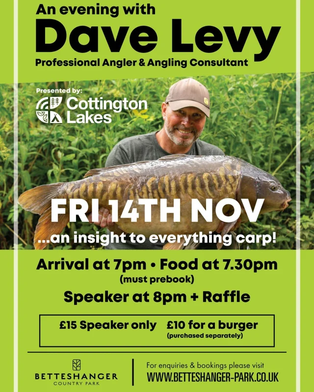 🎣 An Evening with Dave Levy – All About Carp
📅 Friday 14th November | The Glass Room, Betteshanger Park

Join us for a relaxed and insightful evening with renowned carp angler Dave Levy, as he shares his stories, tips, and experiences.

Book your place now and spend the evening surrounded by fellow fishing enthusiasts in the beautiful setting of The Glass Room at Betteshanger Park.

https://www.betteshanger-park.co.uk/event/an-evening-with-dave-levy/

@cottingtonlakescafe