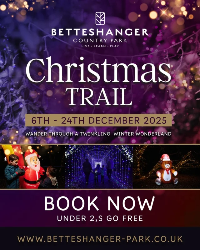 Step into the magic of Christmas at Betteshanger Park ✨🎄

Our Christmas Trail starts on 6th December, filled with twinkling lights, festive cheer and plenty of moments to make memories with the whole family. Wander through the woods, discover hidden surprises along the way, and soak up the sparkle of the season.

Wrap up warm, bring your festive spirit, and join us for a magical walk you won’t forget.
https://www.betteshanger-park.co.uk/event/christmas-at-betteshanger-park/