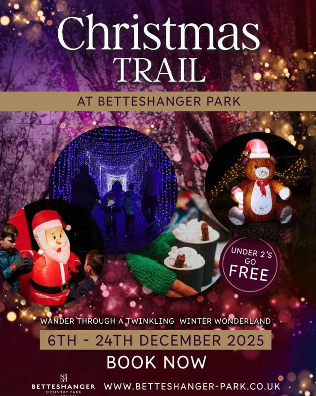 Only one week to go! 🎄✨

Get ready for our magical Christmas Trail and Grotto at Betteshanger Park - a festive adventure full of twinkling lights, seasonal charm and surprises around every corner. Wander through the trail, then meet Father Christmas in his cosy grotto for a heart-warming festive moment.

Perfect for families, friends - and little ones full of Christmas wonder. Don’t miss it! ❤️🎅

Please note - the Grotto isn't included in the Light's ticket
https://www.betteshanger-park.co.uk/event/christmas-at-betteshanger-park/
https://www.betteshanger-park.co.uk/event/meet-father-christmas-in-his-grotto/