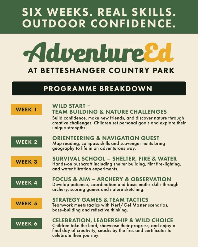 Six weeks. Real skills. Outdoor confidence.

AdventureEd at Betteshanger Country Park with Boonies is a hands-on outdoor programme designed to help children grow in confidence, teamwork and independence — all while having serious fun in the fresh air.

From team challenges and navigation quests to bushcraft, archery and strategy games, each week builds practical life skills, resilience and leadership in a safe, supportive outdoor environment.

✔ Small groups
✔ Led by experienced instructors
✔ Skills for life, not just for the holidays

Spaces are limited.
Give them six weeks — and watch their confidence grow.

👉 Book now: https://www.betteshanger-park.co.uk/event/adventureed/