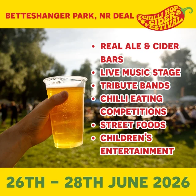 Get ready for something new at Betteshanger Park this June 2026! 🌟

Chilli Hop Cider Festival is coming for an unforgettable weekend packed with refreshing cider, live music, great food, and plenty of entertainment.

🎟️ Early Bird tickets are now available until midnight on 14th May 2026 – don’t miss out!

Secure your spot here: https://www.zoomevents.co.uk/events/chilli-hop-cider-festival-at-betteshanger-park-2026