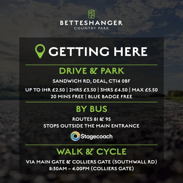 Getting to Betteshanger Park is easy 👇

Whether you’re driving, hopping on the bus or walking in, everything you need to know is right here.

🚌 *NEW* Bus stop right outside the main entrance
🚗 Car parking with pay on exit
🚶‍♂️ Multiple access points including Colliers Gate

Plan your visit and make a day of it → betteshanger-park.co.uk