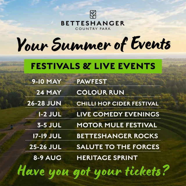 Festivals, live events and family days out running right through the season.

Take a look at what’s coming up and get something in the diary 👇
Some of these won’t hang around and tickets are selling fast!

👉🏼 Check out our What's On Page on the website for me information

@pawfest_dogevent - 9-10 May
Colour Run - 24 May
Chilli Hop Cider Festival - 26-28 Jun
Live Comedy Evenings - 1-2 Jul
Motor Mule Festival - 3-5 Jul
@betteshangerrocks - 17-19 Jul
Salute to the Forces - 25-26 Jul
@heritagesprint - 8-9 Aug