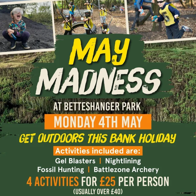 Stuck for Bank Holiday plans?

We’ve got you 👇
4 activities for £25pp at Betteshanger Park
✔ Gel Blasters
✔ Fossil Hunting
✔ Battlezone Archery
✔ Nightline

👨‍👩‍👧 £75 for 4 people

👉🏼https://www.betteshanger-park.co.uk/events/