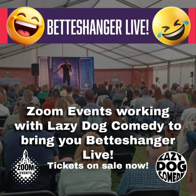 Celebrity comedy evenings in The Glass Room at Betteshanger Park this Summer

📌 1st and 2nd July 2026, two nights only. Indoor seating at Betteshanger Park
🍻 The bar will be open for these events
🤣 A different celebrity headliner each evening with support and MC (see Zoom Events website for full line-ups)
🤫Over 18s only - This is one for the adults!

Limited tickets available at https://www.zoomevents.co.uk/events/betteshanger-live-celebrity-comedy-evenings-july-2026