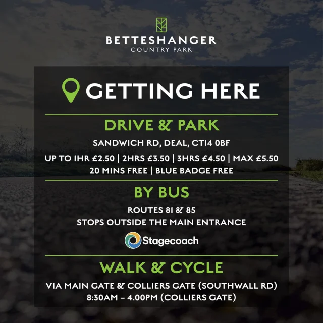 Just a reminder…Getting here is easy 👌

Whether you’re driving, hopping on the bus, walking or cycling, there are plenty of ways to visit Betteshanger Park .

🚗 Parking available on site
🚌 Stagecoach routes 81 & 85 stop right outside the main entrance
🚶‍♂️🚴‍♀️ Easy access via the Main Gate & Colliers Gate