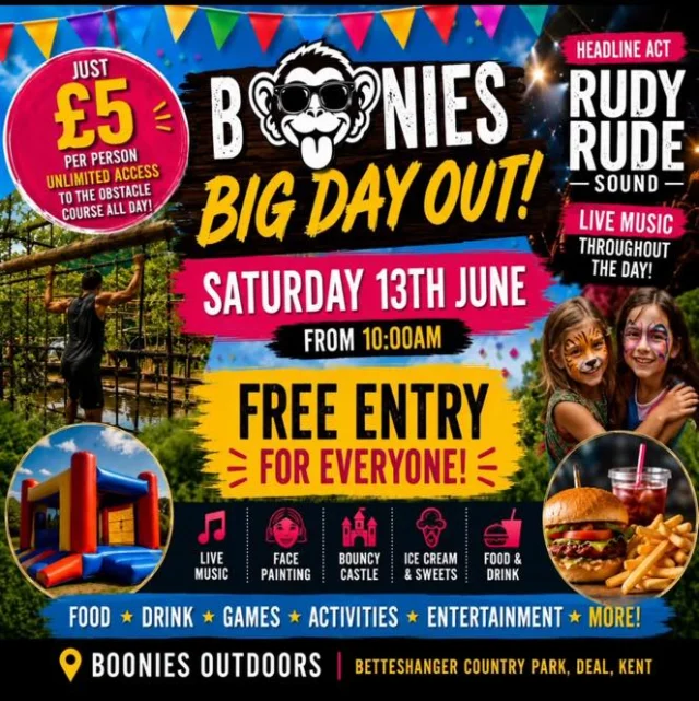 🚨 THIS SATURDAY – BOONIES BIG DAY OUT! 🚨

🎟 FREE ENTRY – NO BOOKING REQUIRED!

Just turn up and enjoy a fantastic family day out at Betteshanger Country Park.

From 10am, we’ve got:

🎵 Live music all day
🫧 Giant bubbles & circus fun
💃 Interactive kids’ dance experience
⚽ Football area
💪 Tug of war challenges
🛝 Under-5s play park

Plus affordable activities including:

🏃 Obstacle Course Wristband – just £5 ALL DAY (including the Slip Slide!)
🦕 Fossil Hunting
🏹 Sticky Archery
🏰 Bouncy Castles
🎈 Inflatable Toddler Park

🍔 Food & drink
🍦 Ice cream
🍬 Sweet treats
🍺 Licensed bar

Whether you’re bringing the kids, catching up with friends or just looking for something fun to do this weekend, there’s something for everyone.

📅 Saturday 13 June
⏰ From 10am

Tag your family and friends and make a day of it! 🙌

#BooniesBigDayOut #BetteshangerPark #FamilyFun #DealKent #DaysOutWithKids
