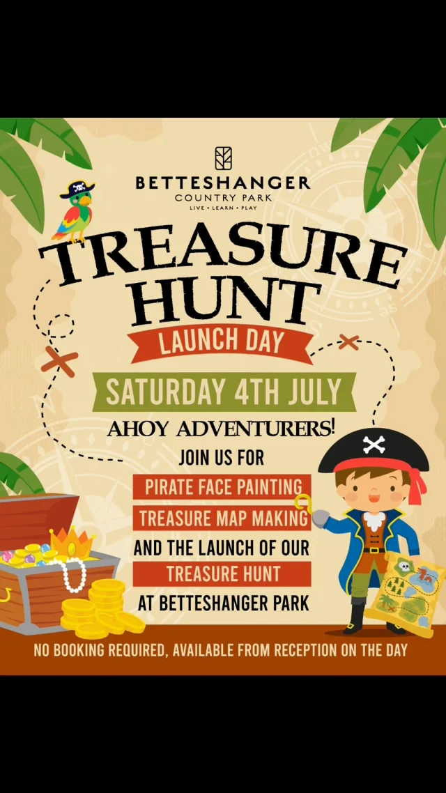 🏴‍☠️ AHOY THERE!

A pirate's treasure has been hidden somewhere in Betteshanger Country Park... and only the cleverest adventurers will be able to find it.

Pick up your treasure map from Reception, follow the clues around the park, solve the mystery and claim your pirate treasure at the end.

Perfect for families, explorers and little pirates looking for an unforgettable summer adventure.

📅 Available from 4th July throughout the summer holidays
📍 Betteshanger Country Park
🎟️ No booking required – just turn up and play!

Find out more: https://www.betteshanger-park.co.uk/event/treasure-hunt/

#BetteshangerPark #TreasureHunt #FamilyAdventure #KentDaysOut #ThingsToDoInKent #SummerHolidays #Pirates #FamilyFun