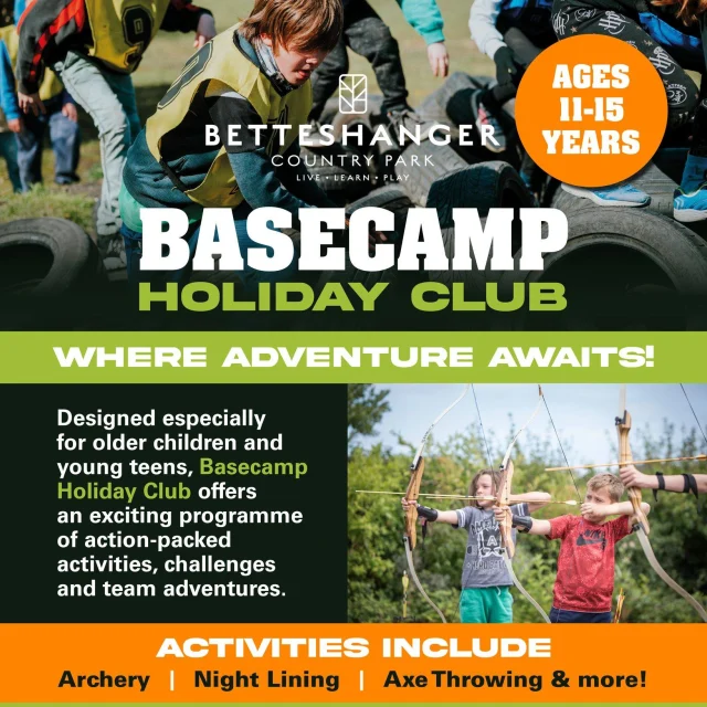 Basecamp Holiday Club is packed with action, teamwork and adventure to keep them active all summer long.

🏹 Archery
🪓 Axe Throwing
🌙 Night Lining
💪 Team Challenges
🌲 Outdoor Adventures
…and plenty more!

Designed especially for older children and young teens, every day is different, giving them the chance to build confidence, make new friends and create unforgettable summer memories.

📅 Running throughout the Summer Holidays
🎟️ Spaces are limited – book online today.
👉 https://www.betteshanger-park.co.uk/event/summer-holiday-clubs/

#BetteshangerPark #BasecampHolidayClub #SummerHolidays #KentKids #SchoolHolidays #OutdoorAdventure #Archery #AxeThrowing #TeenActivities #HolidayClub #FamilyFun #KentDaysOut #AdventureStartsHere