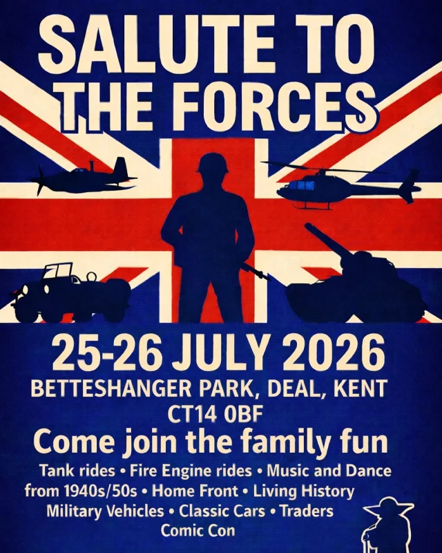 THE COUTNDOWN FOR THE NEXT EVENT IS ON.. 

Join us at Betteshanger Park for an unforgettable weekend celebrating our Armed Forces on 25–26 July 2026. Enjoy two days packed with history, entertainment, and family fun for all ages.

✨ Highlights include:
🛡️ Tank rides
🚒 Fire engine rides
🎶 Live 1940s & 1950s music and dance
🏠 Home Front displays
🎖️ Living history reenactments
🚛 Military vehicles
🚗 Classic cars
🛍️ Traders
🦸 Comic Con

📍 Betteshanger Park, Deal, Kent, CT14 0BF
📅 25–26 July 2026

🎟️ Find out more and book your tickets here:
👉 https://www.betteshanger-park.co.uk/event/salute-to-the-forces/

Bring your family and friends for a fantastic weekend honouring those who have served while enjoying an incredible programme of displays, activities and entertainment. We can't wait to see you there! 🇬🇧

May the Force Be With Them. 💙❤️🤍

#SaluteToTheForces #BetteshangerPark #DealKent #KentEvents #FamilyFun #MilitaryHistory #LivingHistory #ClassicCars #TankRides #ComicCon #SupportOurForces