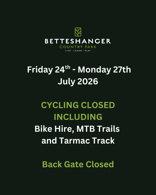 Friday 24th July through to and including Monday 27th July.
ALL Cycling will be closed due to safety when hosting our event Salute to the Forces. 

The back gate will also be closed Friday 24th-Sunday 26th July. 

Thank you for your understanding whilst we host this amazing event in celebration of our armed forces.