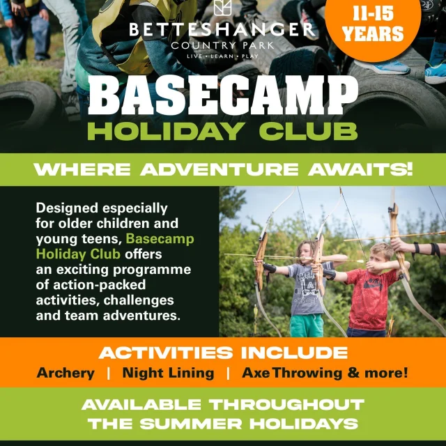 Looking for an action-packed holiday club for older children and young teens? 🏹🪓🌙

Basecamp Holiday Club is designed for ages 11–15 and is packed with exciting challenges, outdoor adventures and unforgettable experiences. In collaboration with @booniesoutdoors it is your ultimate summer holiday club!

🎯 Activities include:
🏹 Archery
🌙 Night Lining
🪓 Axe Throwing
💪 Team challenges and much more!

Whether they're building confidence, making new friends or trying something new, Basecamp is the perfect place for an unforgettable summer.

📅 Running throughout the Summer Holidays

🎟️ Book your place today:
🌐 www.betteshanger-park.co.uk

#BetteshangerPark #BasecampHolidayClub #SummerHolidays #AdventureAwaits #OutdoorAdventure #Archery #AxeThrowing #TeenActivities #KentDaysOut #SchoolHolidays #AdventureStartsHere
