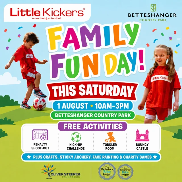 Looking for something fun to do with the children this weekend?

Join us at Betteshanger Country Park on Saturday 1 August, from 10am–3pm, for a brilliant day of football, games and family entertainment!

🙌 FREE activities include:
⚽ Penalty Shoot Out
🏆 Kick-Up Challenge
👶 Little Kickers Toddler Room
🏰 Bouncy Castle

There’ll also be crafts, sticky archery, face painting, mini golf, a treasure hunt and plenty more....with charity games supporting the Oliver Steeper Foundation.

📅 This Saturday (1st August)
⏰ 10am–3pm
📍 Betteshanger Country Park

Tag your family and friends, make your weekend plans and come join the fun!
👉 https://www.betteshanger-park.co.uk/event/little-kickers-fun-day/

#BetteshangerCountryPark #LittleKickers #FamilyFunDay #ThisWeekend #KentKids #FamilyDaysOut #WhatsOnKent