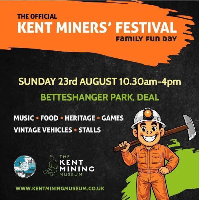 Join us for a much-loved celebration of Kent’s mining heritage, packed with live music, family entertainment and community spirit.

📅 Sunday 23rd August 2026
⏰ 10:30am–4:00pm

Look forward to:
🎺 Live steel, brass and ukulele music
⛏️ Miners’ banners, heritage stalls and unseen archives
🏰 Bouncy castle, welly wanging, games and crafts
🐐 Tiny Hooves goats
🚌 Vintage buses with FREE shuttle services from surrounding towns and villages
🚗 Classic cars, motorcycles and a model railway
🍔 Food, bar and craft stalls

The day begins at 10:30am with the miners’ banner display and commemorative walk into the park.

Find the full programme and vintage bus timetables here:
https://www.kentminingmuseum.co.uk/kent-miners-festival

#KentMinersFestival #KentMiningHeritage #BetteshangerPark #FamilyDayOut #WhatsOnKent #DealKent