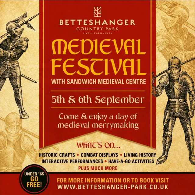 On 5th and 6th September, step into the Middle Ages for an action-packed family day out in the woodland at Betteshanger Park.

🛡️ Thrilling combat demonstrations
🏹 Have-a-go archery and axe throwing
🔥 Living history and traditional crafts
🎶 Medieval music, dancing and open-air theatre
🍖 Hearty food, mead and locally brewed ale
🛍️ Handcrafted goods to browse and buy

👑 Under-16s go FREE and adult tickets are just £7.35!

📅 Saturday 5th & Sunday 6th September
⏰ 10am–4pm

Gather your clan, tag your fellow adventurers and book your tickets now:
https://www.betteshanger-park.co.uk/event/medieval-festival/