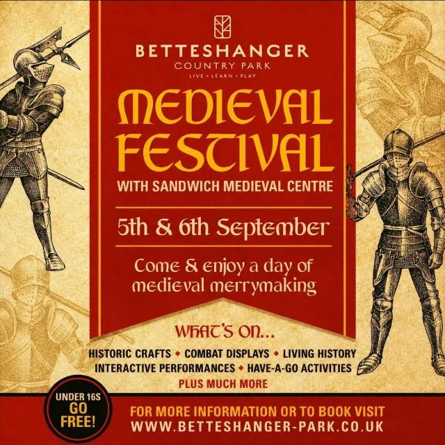 This weekend, step back in time as the park is transformed with knights, Vikings, outlaws, warriors, craftspeople and living history for two action-packed days.

📅 Saturday 5th & Sunday 6th September
⏰ 10am–5pm
🎟️ KIDS GO FREE!

Across the weekend you can discover:

⚔️ Live medieval combat & knight displays
🏹 Have-a-go archery & Combat Archery
🪓 Axe throwing
🔥 Live forging demonstrations
🛡️ Kids’ Knight School & adult Warrior School
👑 Meet the Knights of the Black Prince & Henry V
🏹 The Outlaw Robin Hood performances
🥁 Drums in the Deep Woods
🏕️ Living History encampments
🌲 Forest School activities
🎨 Kids’ crafts throughout the day
📸 Woodland throne photo opportunities
🍔 Food, drinks and traders

There’s something happening throughout the entire day, so grab the family, explore the encampments and experience the sights, sounds and skills of the Medieval era.

⚔️ Who’s ready to go medieval this weekend?

FIND OUT MORE NOW: https://www.betteshanger-park.co.uk/event/medieval-festival/

Tag the person you’re bringing with you 👇